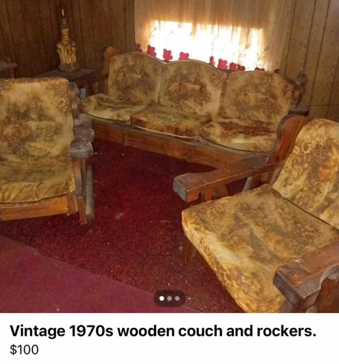 Vintage 1970s wooden couch and rocking chairs with patterned cushions