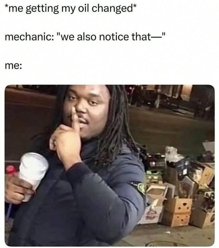 Man making silence gesture humor about avoiding mechanic's advice during oil change