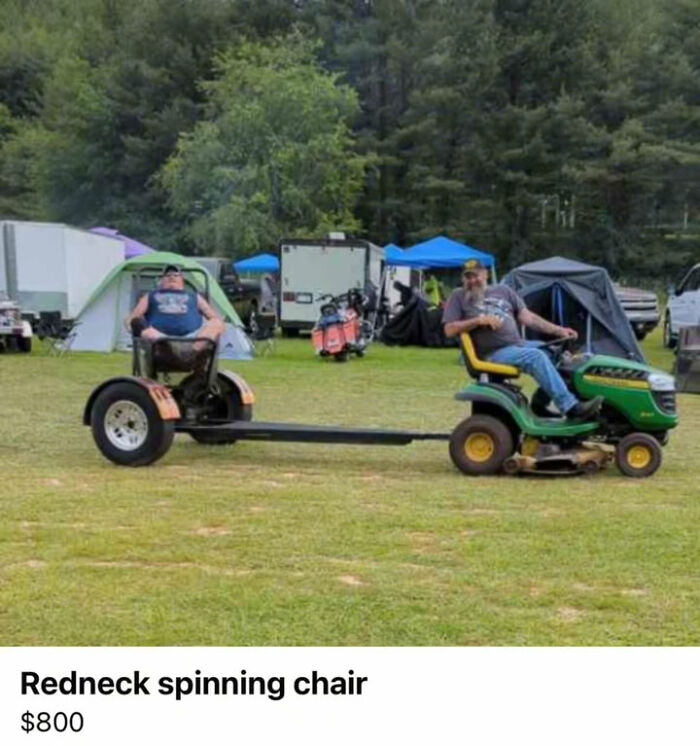 Lawn mower towing a redneck spinning chair with a man sitting