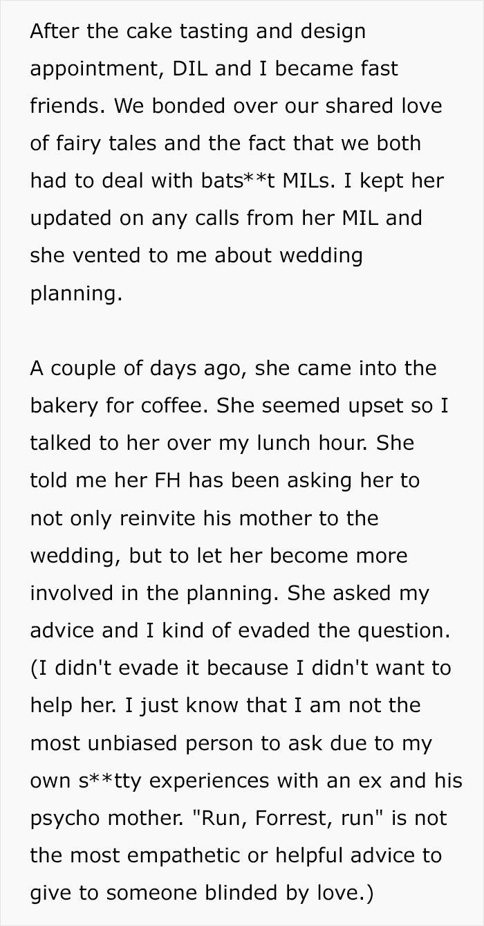 Employee describes friendship and wedding planning struggles with cake-obsessed MIL Employee describes friendship and wedding planning struggles with cake-obsessed MIL