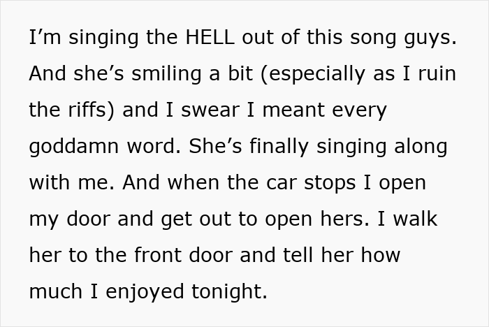 A man's text describing singing with his wife and enjoying the evening, relating to the keyword "Love Her".