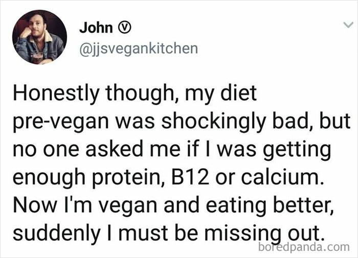 A funny tweet from jjsvegankitchen, John, sharing his experience as a vegan and making a joke about funny memes for vegans.