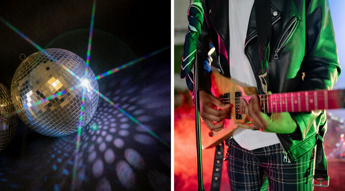A split image: a disco ball with colorful light reflections, and a person playing an electric guitar, both representing taste in music.