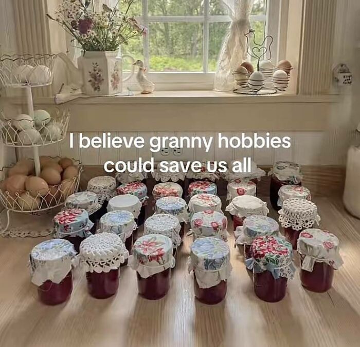 Collection of homemade jam jars with decorative fabric covers