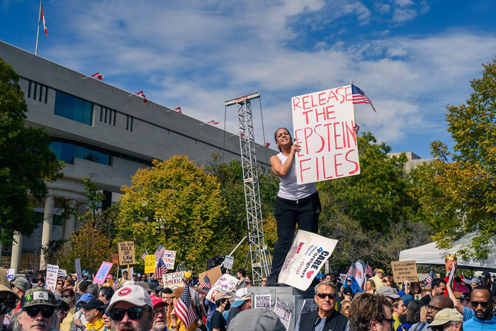 Protestors holding signs at a rally including one demanding release of Epstein files statistics