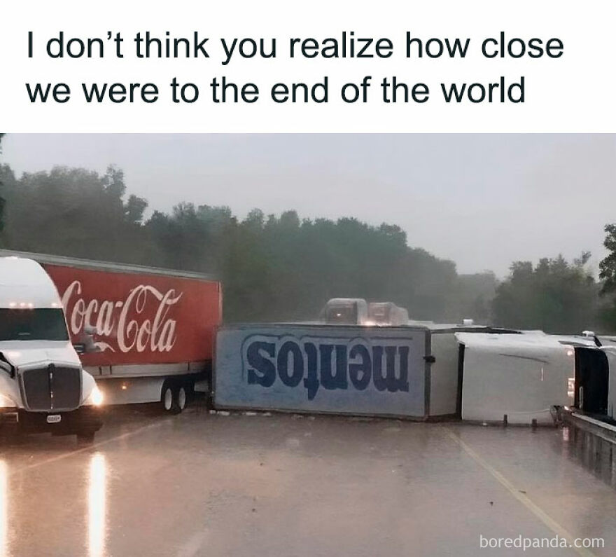 Truck accident with overturned Mentos trailer blocking road in funny unhinged posts