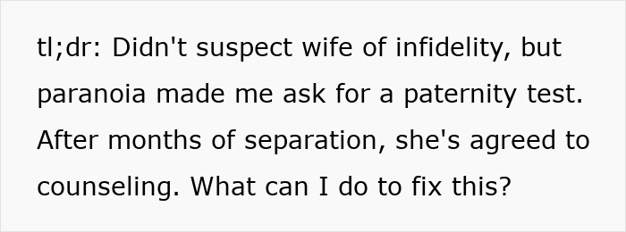 Summary text of husband asking for paternity test and seeking counseling Summary text of husband asking for paternity test and seeking counseling