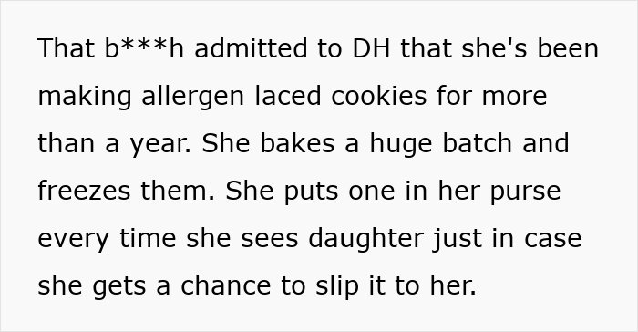 A text post detailing how a MIL has been making allergen-laced cookies for a year, risking her grandkids allergies.