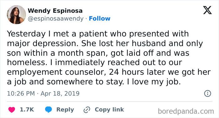 Tweet about helping homeless patient find job and housing