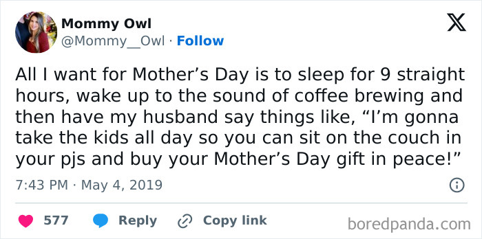A Mother’s Day tweet from Mommy Owl, humorously wishing for sleep, coffee, and peace. It captures the ups and downs of motherhood.