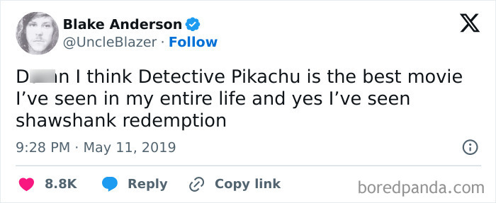 A funny cinephile tweet declaring Detective Pikachu the best movie ever, even over Shawshank Redemption.