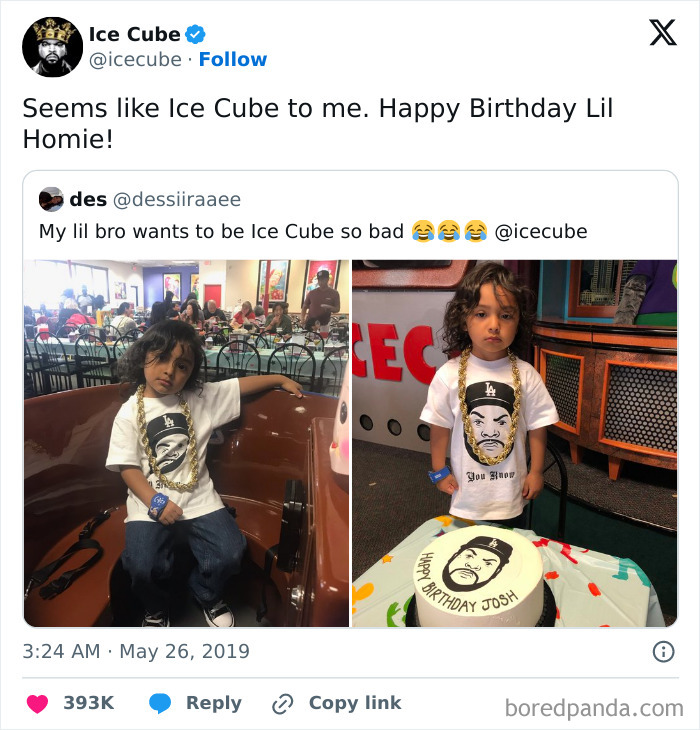 Little boy celebrating birthday dressed like Ice Cube with themed cake and outfit.