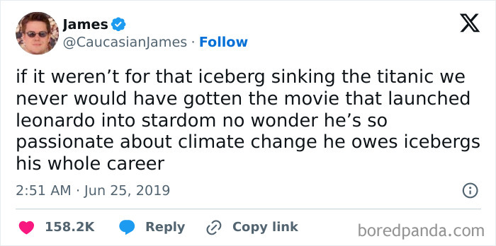 Hilarious cinephile tweet about Titanic's iceberg launching Leonardo DiCaprio's stardom, showcasing movie people.
