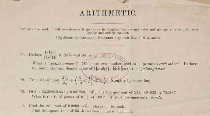 Vintage Harvard entrance exam arithmetic questions from 150 years ago on aged paper with stamped library marks