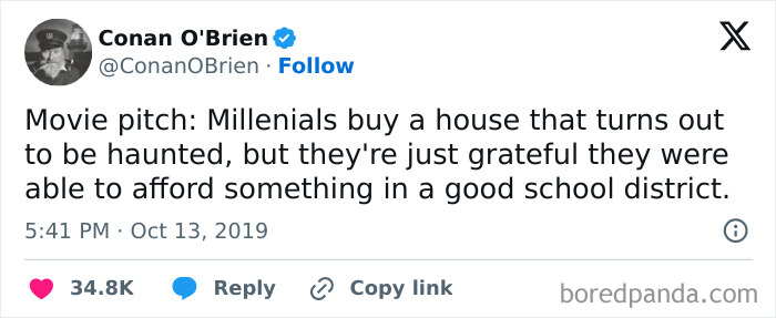 Conan O'Brien's movie pitch tweet about millennials, highlighting hilarious cinephile tweets.