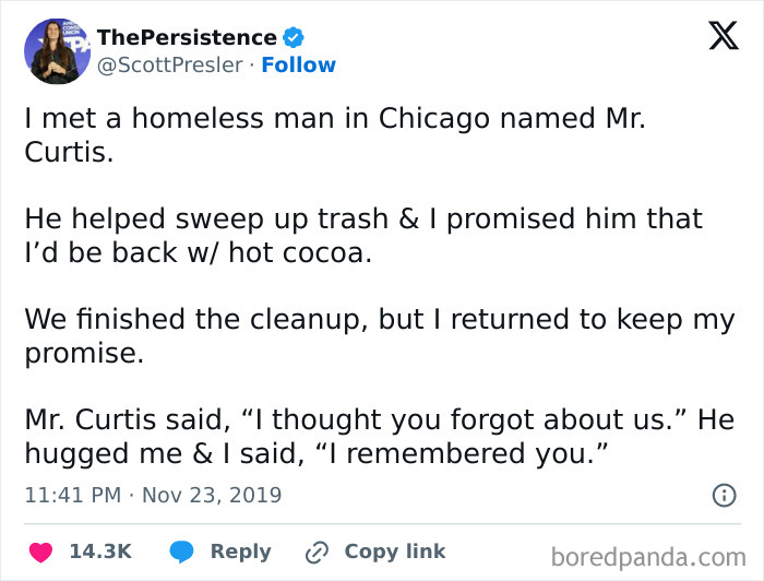 Tweet about meeting homeless man in Chicago and sharing hot cocoa
