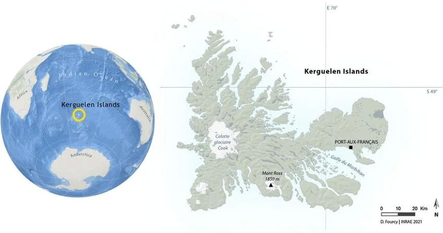 Map showing the Kerguelen Islands, one of the most isolated places on Earth, in relation to continents and its internal features.