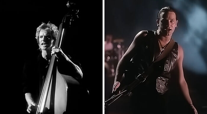 Split image: Sting playing an upright bass in black and white, and Bono performing in a dark vest. Music taste comparison.