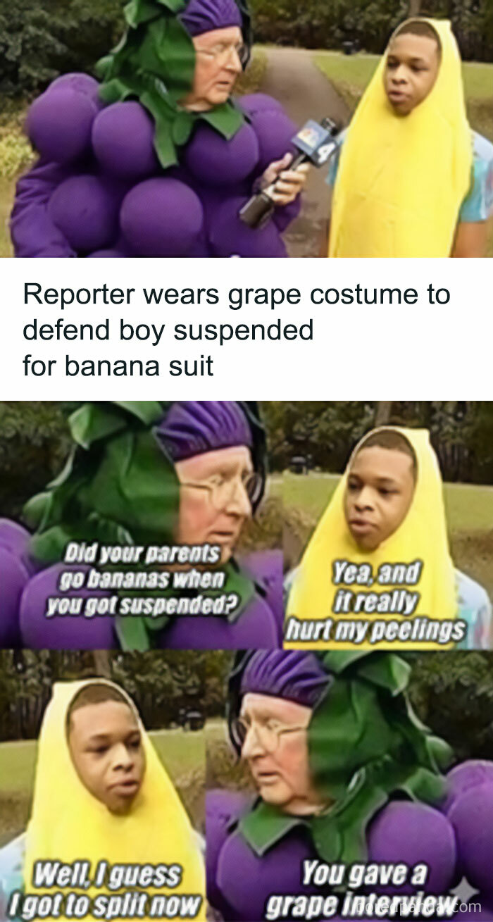 Reporter in grape costume interviewing a boy in a banana suit, creating blessed images and soul-healing positivity.