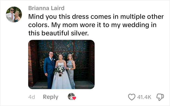 A social media post shows a different family photo at a wedding, with the mother wearing a silver dress, contrasting the MIL's dress. A social media post shows a different family photo at a wedding, with the mother wearing a silver dress, contrasting the MIL's dress.