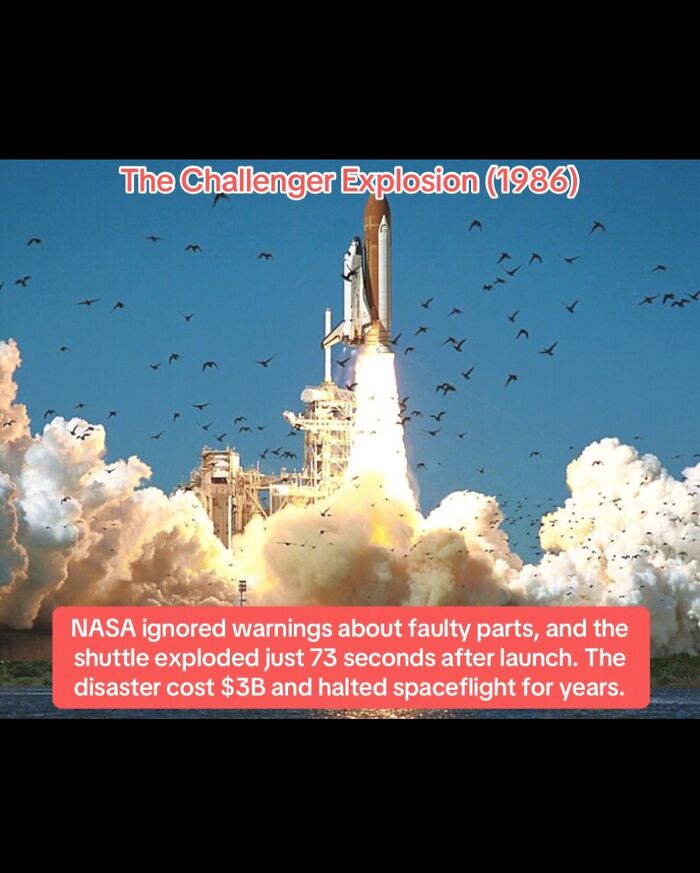 The Challenger explosion in 1986 due to faulty parts causing shuttle disaster and costly spaceflight halt