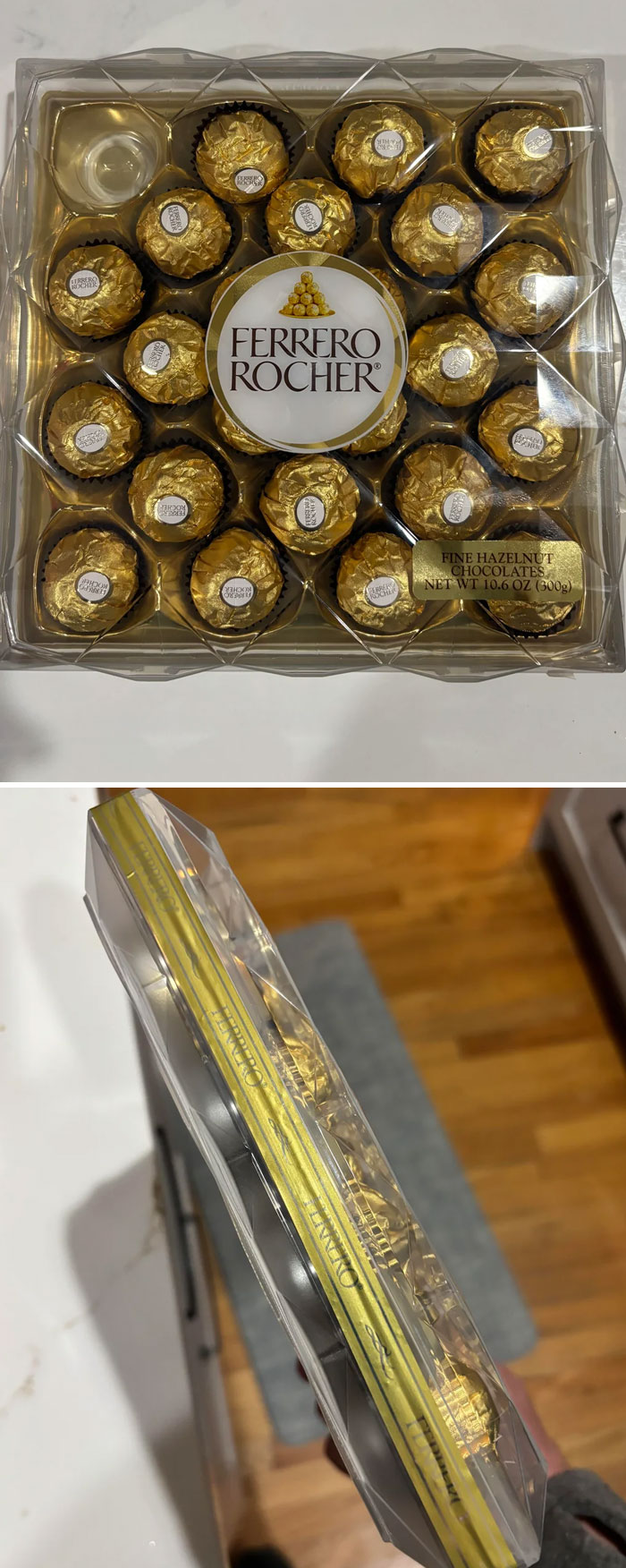 Ferrero Rocher chocolate box that is noticeably thicker than usual packaging