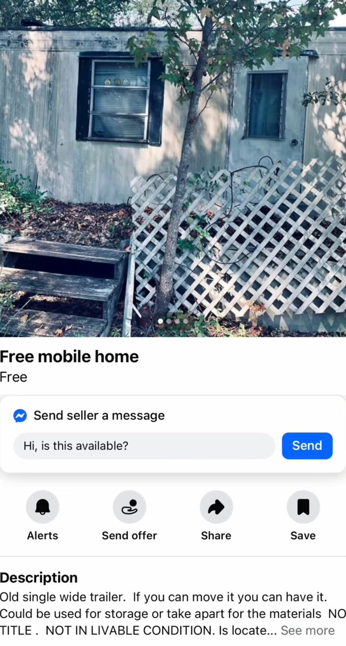 Old single wide free mobile home with broken steps and lattice