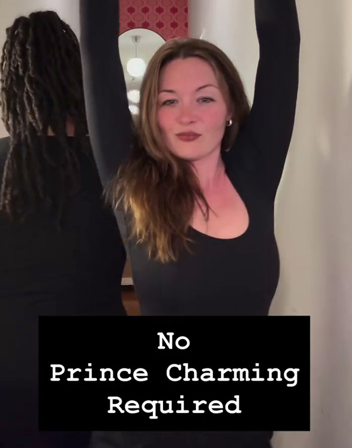 Woman with arms raised with text No Prince Charming Required mommune Woman with arms raised with text No Prince Charming Required mommune