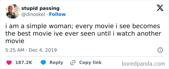 Hilarious cinephile tweet about every movie becoming the best until watching another, highlighting movie people.