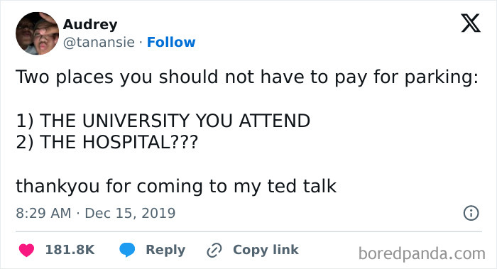 Tweet about places that should not charge for parking university and hospital meme