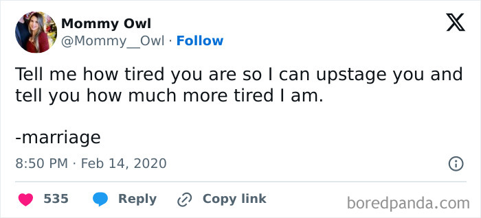 Tweet joking about marriage and competing about who is more tired