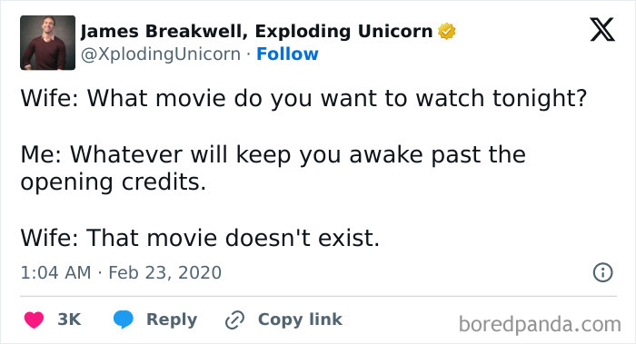 Marriage humor about choosing a movie to keep spouse awake