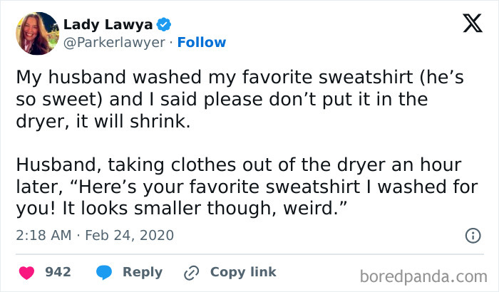 Humorous marriage tweet about shrinking sweatshirt after washing