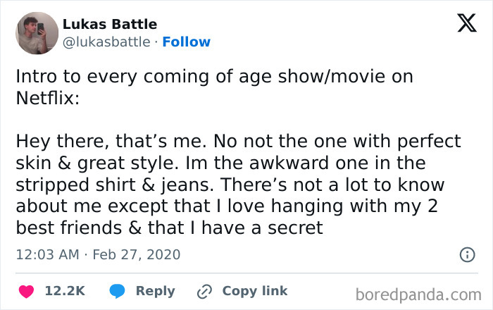A tweet from a hilarious cinephile describing a common movie/show intro: the awkward one with secrets.