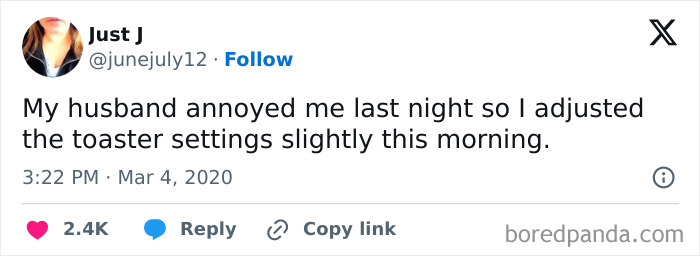 Funny tweet about adjusting toaster settings after husband annoyance in married life