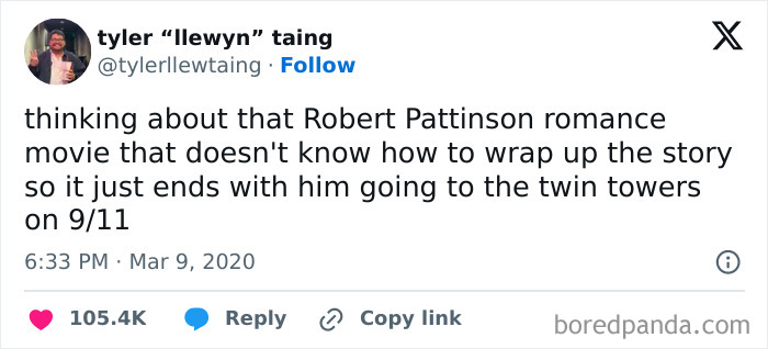 A tweet from a hilarious cinephile about a Robert Pattinson movie that ends abruptly and nonsensically.