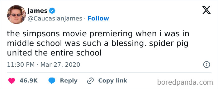 A funny cinephile tweet about the Simpsons movie uniting a school with Spider Pig, a hilarious movie moment.
