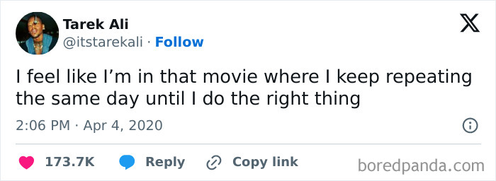 Tarek Ali's tweet comparing life to a movie repeating the same day, one of many hilarious cinephile tweets.