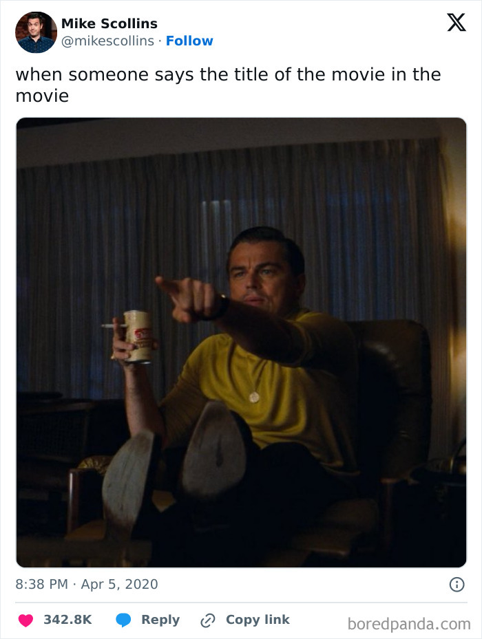 Hilarious cinephile tweets with a meme of Leonardo DiCaprio pointing, reacting to a movie title mentioned in the film.