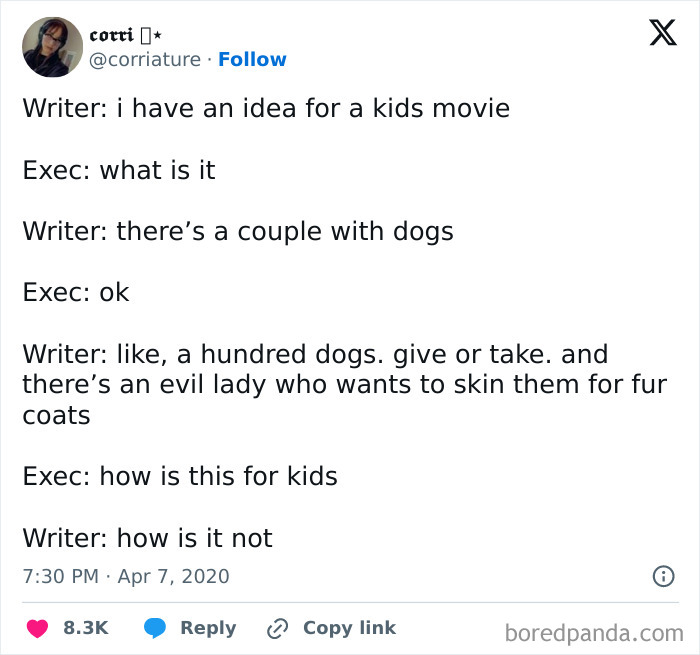 A funny cinephile tweet, a hilarious movie discussion about a kids movie idea involving dogs and an evil lady.