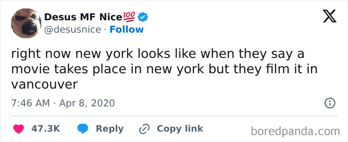 Desus MF Nice tweet about New York looking like a movie filmed in Vancouver, proving cinephile tweets are unhinged.