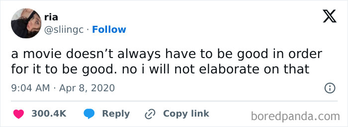 Ria's tweet about a movie not always needing to be good, showcasing hilarious cinephile tweets.