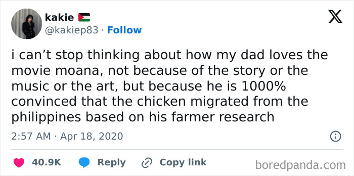 A hilarious cinephile tweet, funny movie discussion about a dad's unique reason for loving the movie Moana.