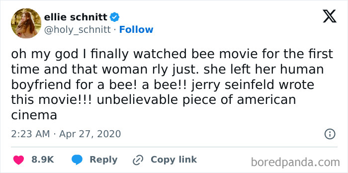 A funny tweet about the Bee Movie, highlighting hilarious cinephile tweets.