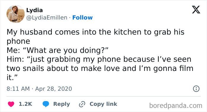A funny tweet about a husband's unexpected antics, proving having a husband is never boring.