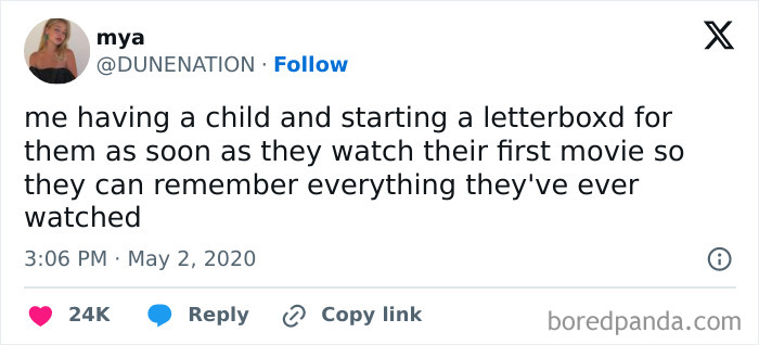 A funny cinephile tweet about tracking a child's first movie experiences, a hilarious movie tradition.