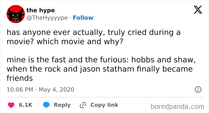 A funny cinephile tweet asking about movies that made people cry, featuring the Fast and Furious: Hobbs and Shaw.