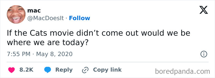 A funny cinephile tweet, a hilarious movie question about the impact of the Cats movie on current events.