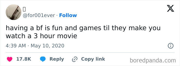 A funny tweet about a boyfriend making someone watch a 3-hour movie, one of many hilarious cinephile tweets.
