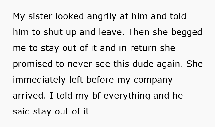 Text from a story, detailing a sister's affair and emotional pleas, leading to potential breakups.